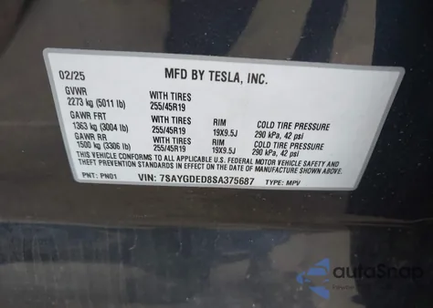 2025 Tesla Model Y Long Range Dual Motor All-Wheel Drive from USA, damaged, VIN 7SAYGDED8SA375687